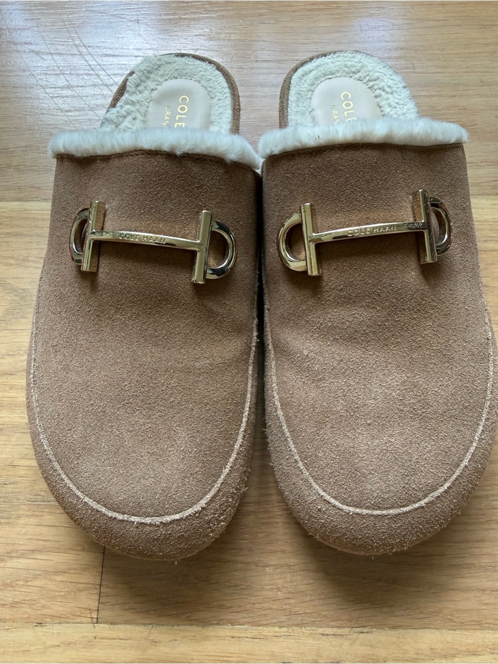Cole Haan Shearling-Lined Suede Mules in Camel